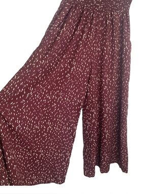 BucketList Smocked Wide Leg Maxi Pants Burgandy W/ Dash Print Boho Palazzo Sz M